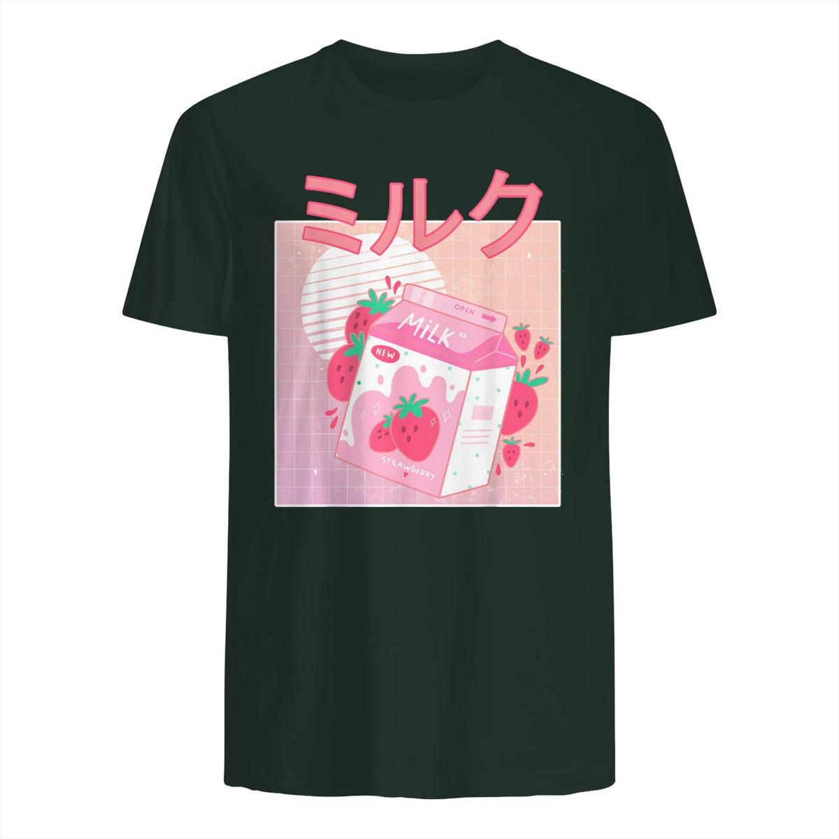 Funny Retro Nineties Japanese Kawaii Strawberry Milk Shake Carton T-Shirt in Forest Green - back view