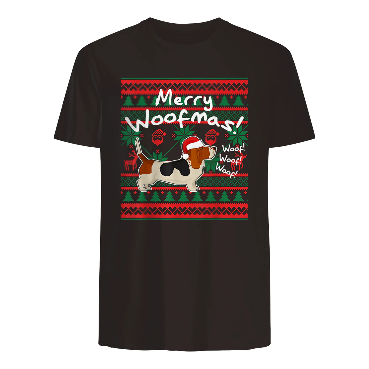 Basset Hound Chemise de Noël Merry Woofmas Père Noël Chien in Dark Chocolate - back view