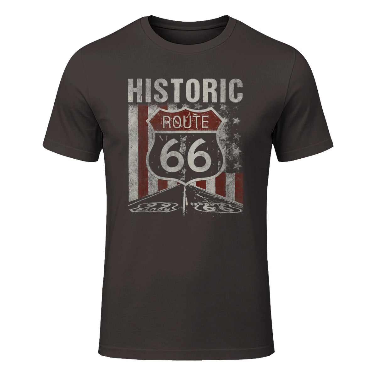 Historic USA Route Sixty-Six Highway Road Sign T-Shirt in Dark Chocolate - front view