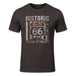 Historic USA Route Sixty-Six Highway Road Sign T-Shirt in Dark Chocolate - front view