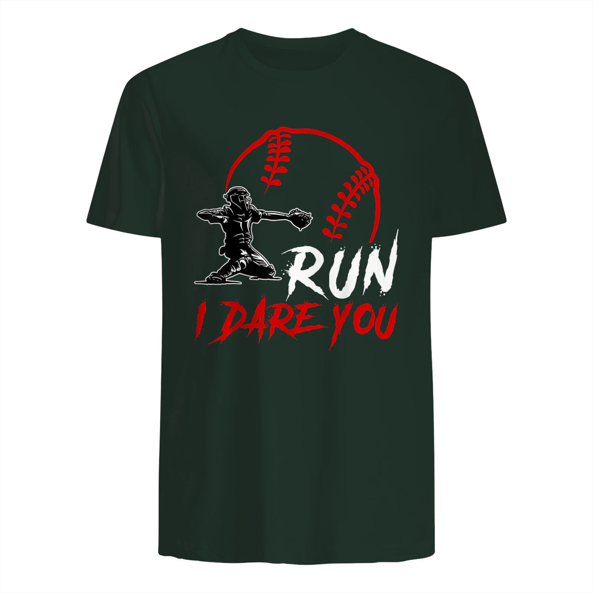 Run Steal I Dare You Humor Baseball Catcher Vintage T-Shirt in Forest Green - back view