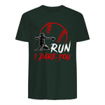 Run Steal I Dare You Humor Baseball Catcher Vintage T-Shirt in Forest Green - back view