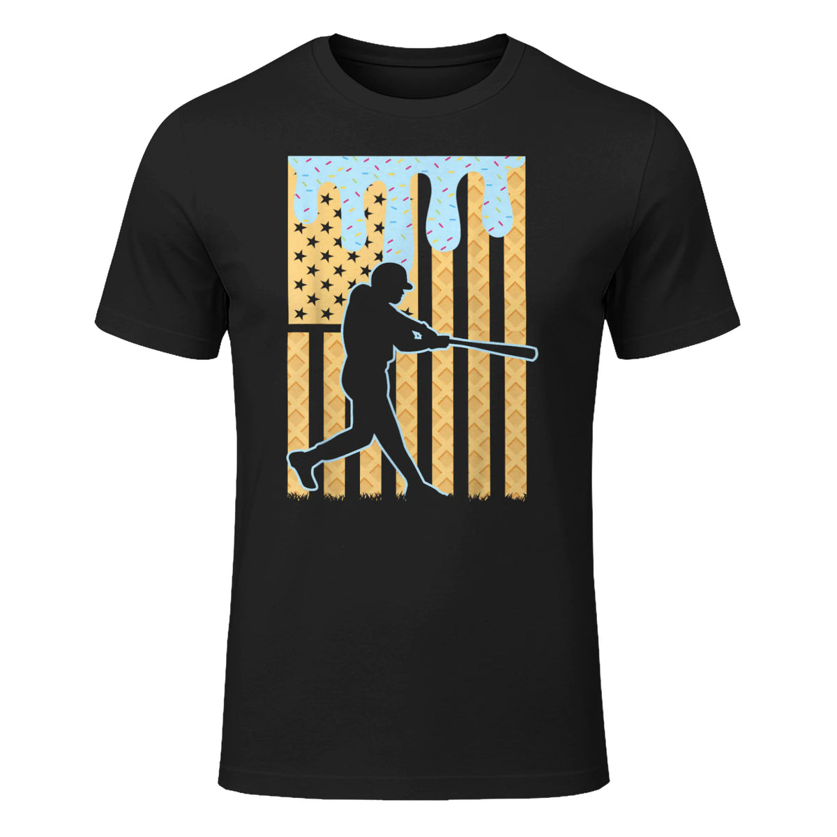 Baseball Drip Boys Dripping Ice Cream Baseball American Flag T-Shirt in Black - front view