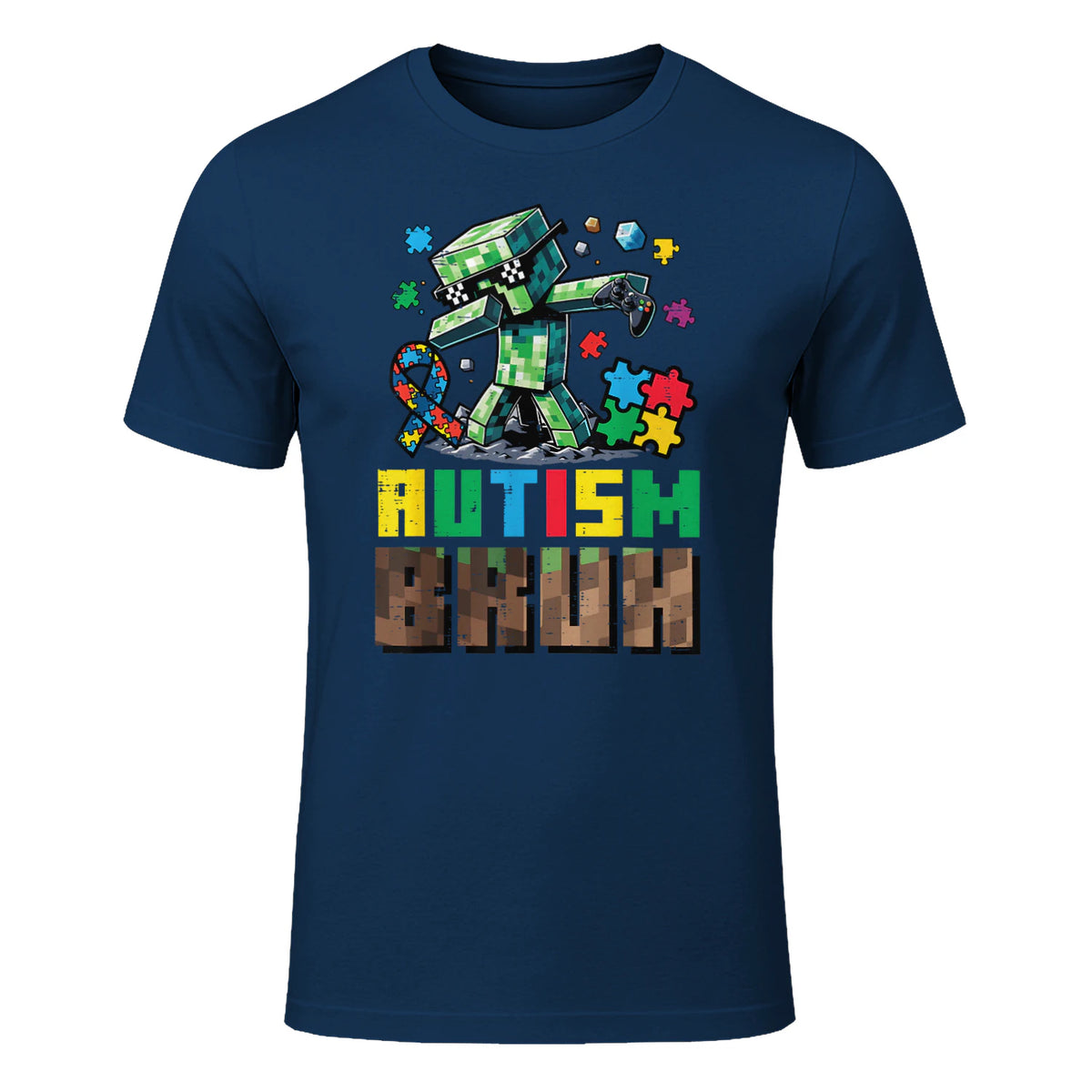 Autism Bruh Dab ASD Awareness Gamer Boys Kids Youth in Navy - front view