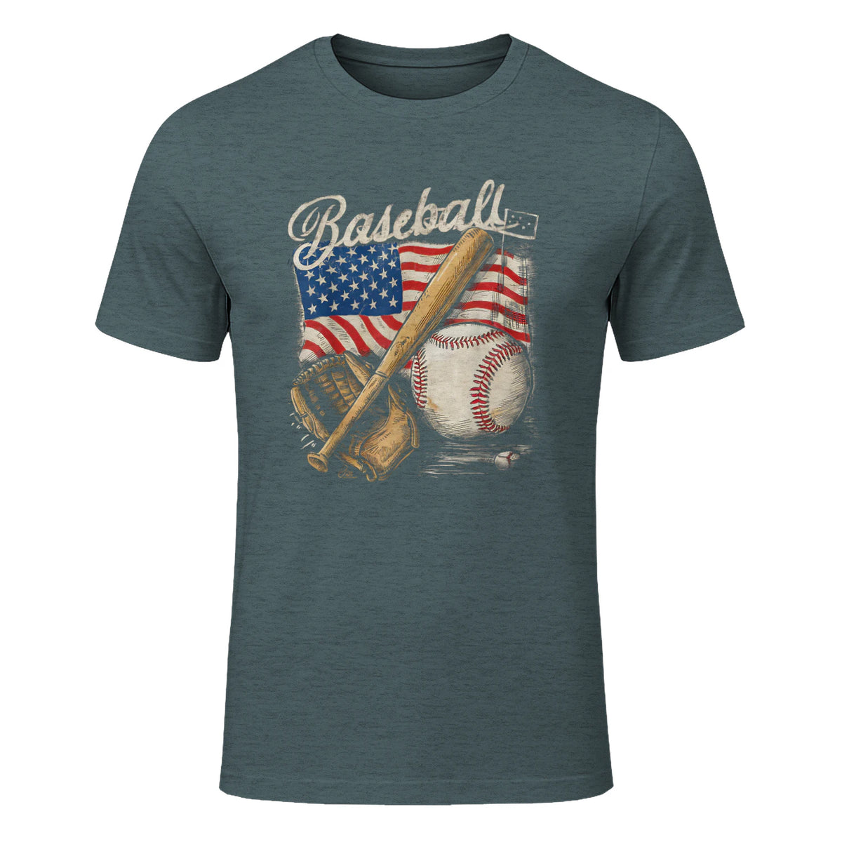 American Flag Baseball Player Bat Fan Catcher Pitcher USA T-Shirt in Dark Heather - front view