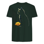 Cat Artwork - Flowers Art Cat Motif Animal Cat T-Shirt in Forest Green - back view