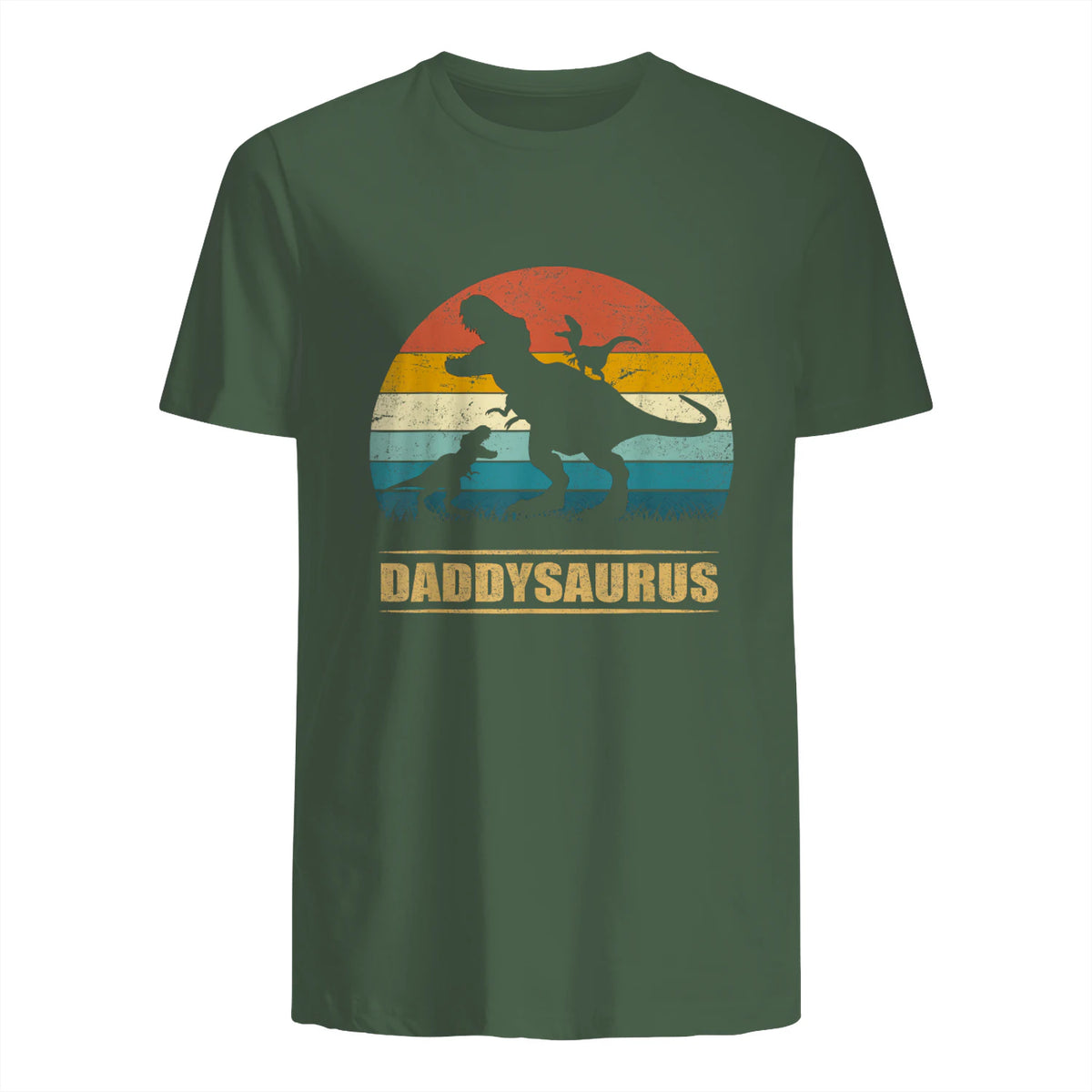 Daddy Dinosaur Daddysaurus Two Kids Funny Father's Day T-Shirt in Military Green - back view