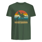 Daddy Dinosaur Daddysaurus Two Kids Funny Father's Day T-Shirt in Military Green - back view