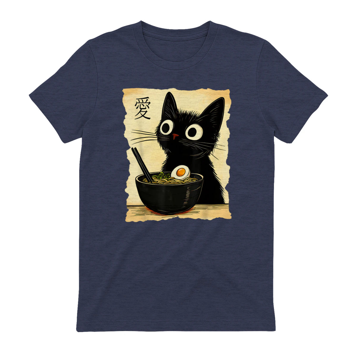 Funny Cat Ramen Graphic Tee Japanese Kawaii Anime Cat T-Shirt in Heather Navy - back view