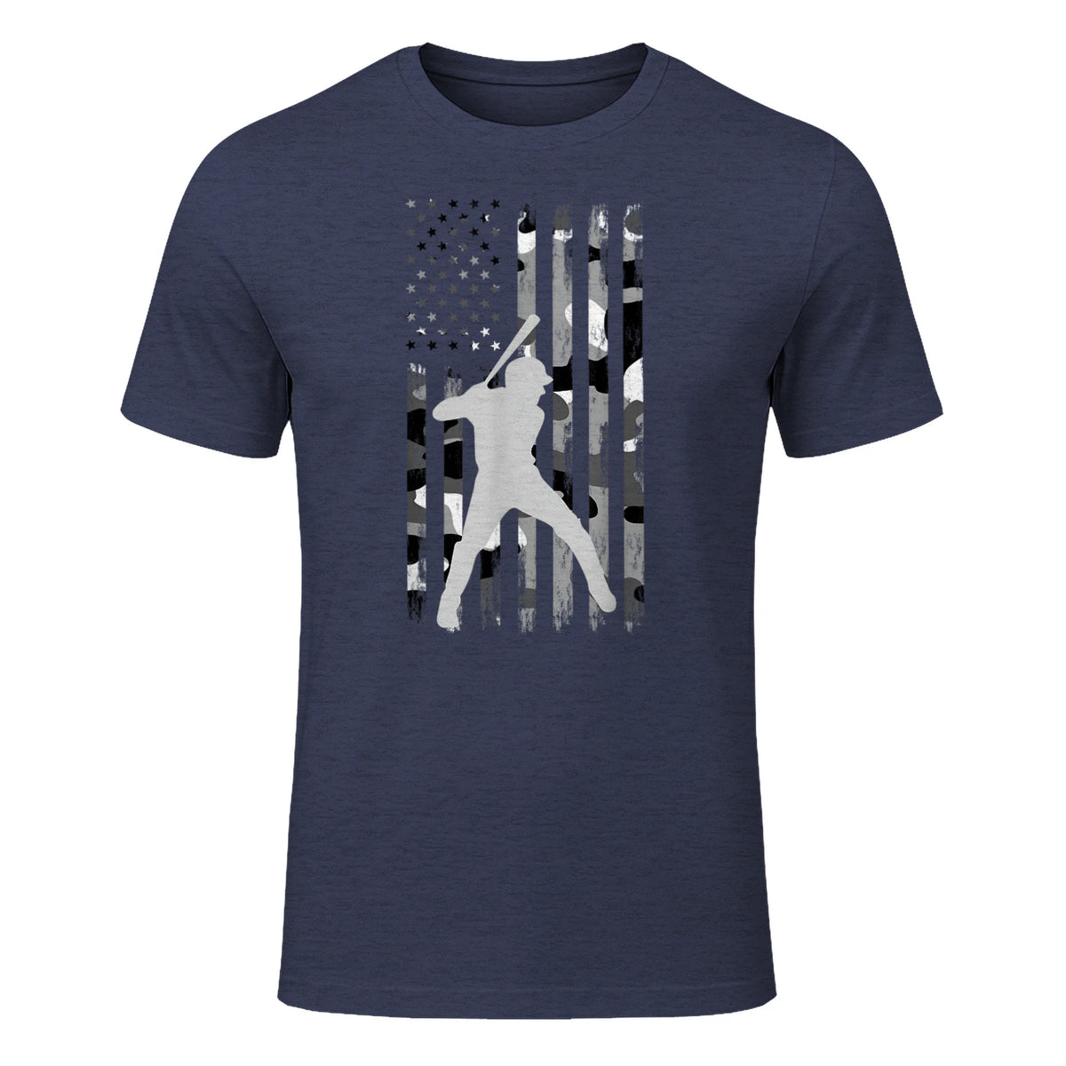 Baseball Player American Flag USA Camo Patriotic Graphic T-Shirt in Heather Navy - front view