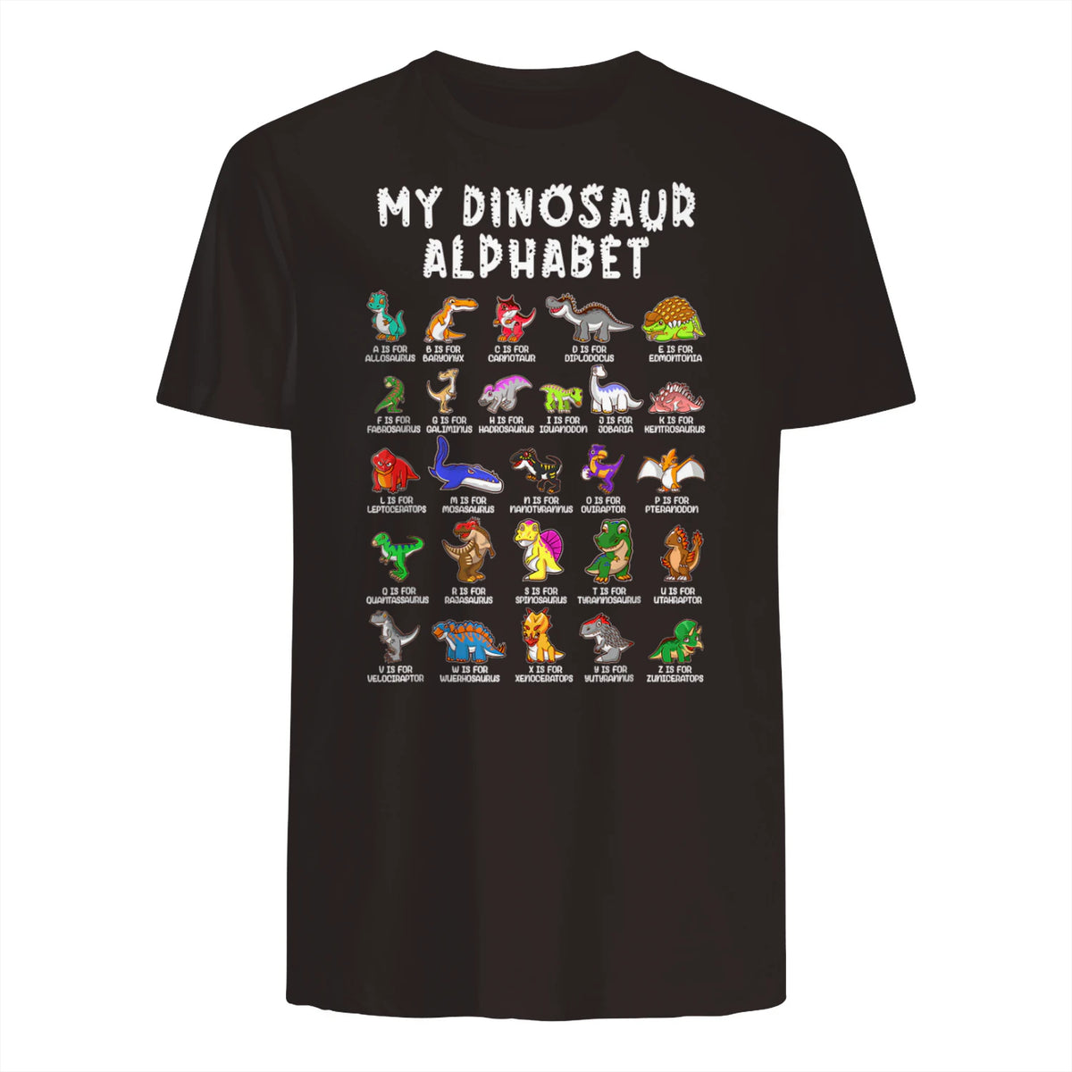 Types Of Dinosaurs Alphabet Dino Identification T-Shirt in Dark Chocolate - back view