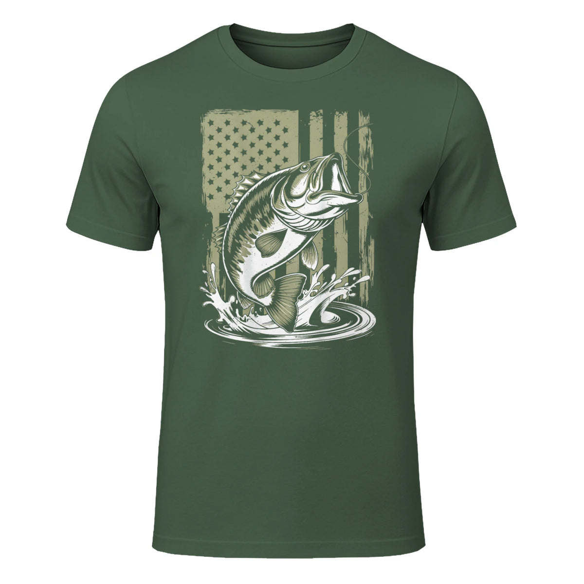 Fishing Camo Bass Fish American Flag Men's Fisherman Gift T-Shirt in Military Green - front view
