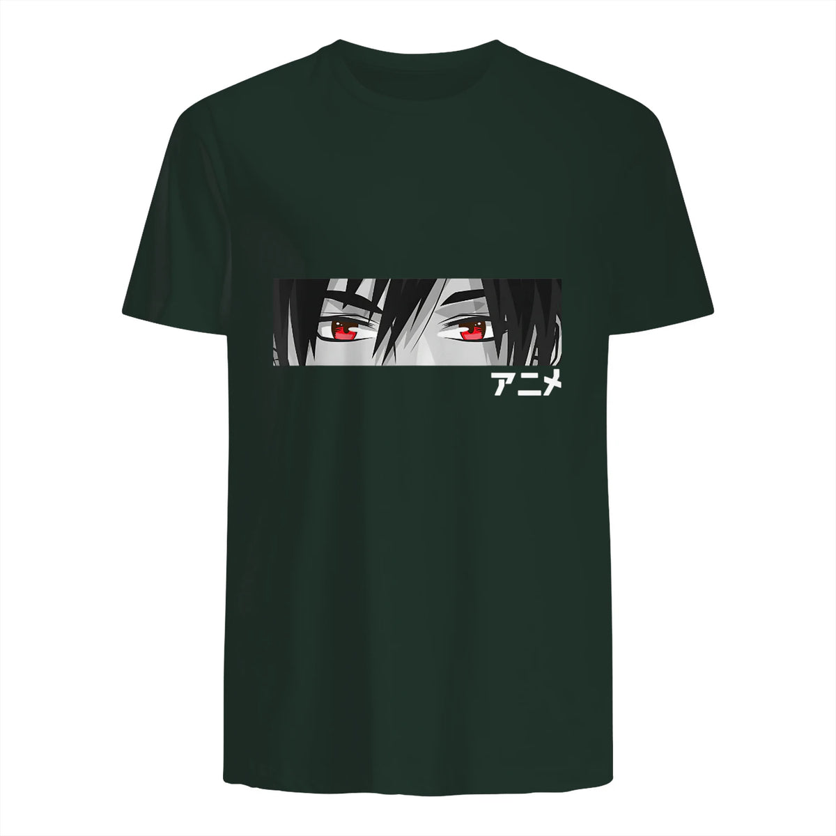 Anime in Japanese Characters Kawaii Eyes Face Short Sleeve in Forest Green - back view
