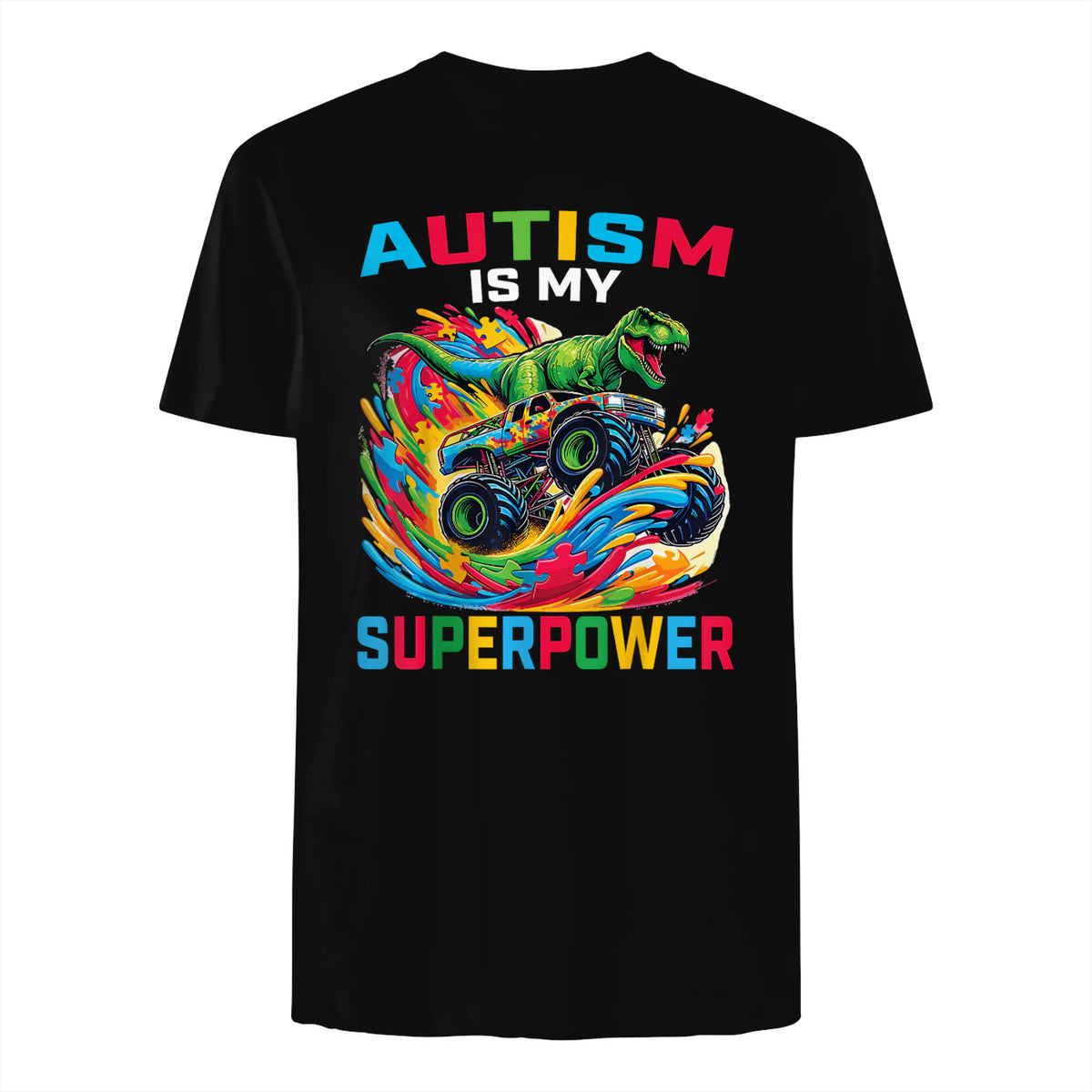 Autism is My Superpower Dino T Rex Monster Truck Kids Boys in Black - back view