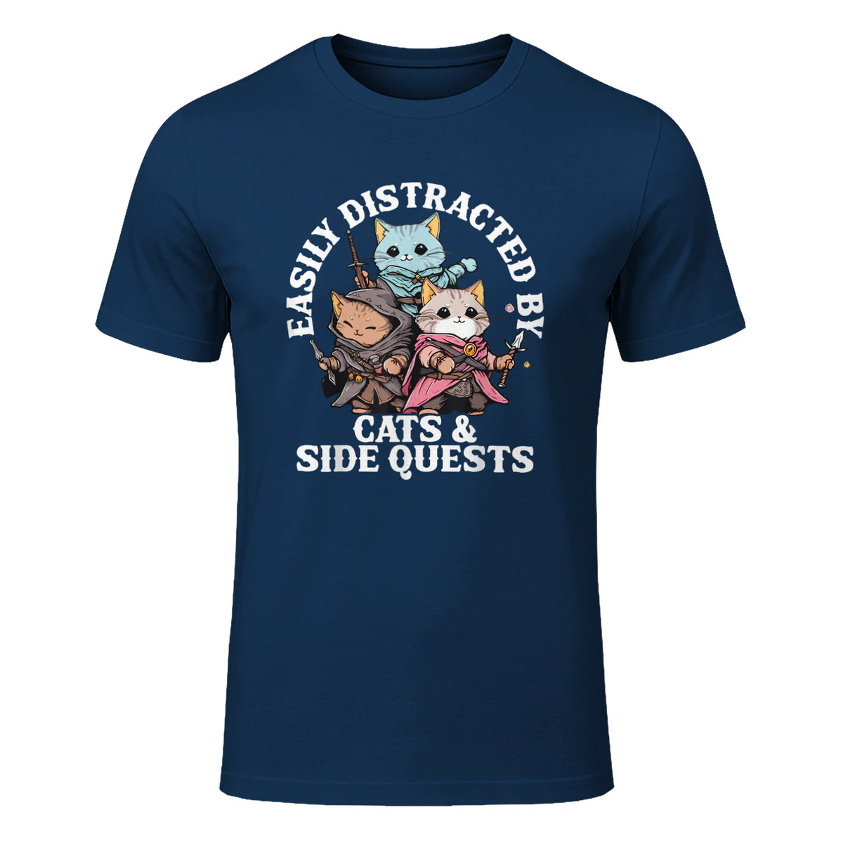 Cats Side Quest Funny Tabletop T-Shirt in Navy - front view