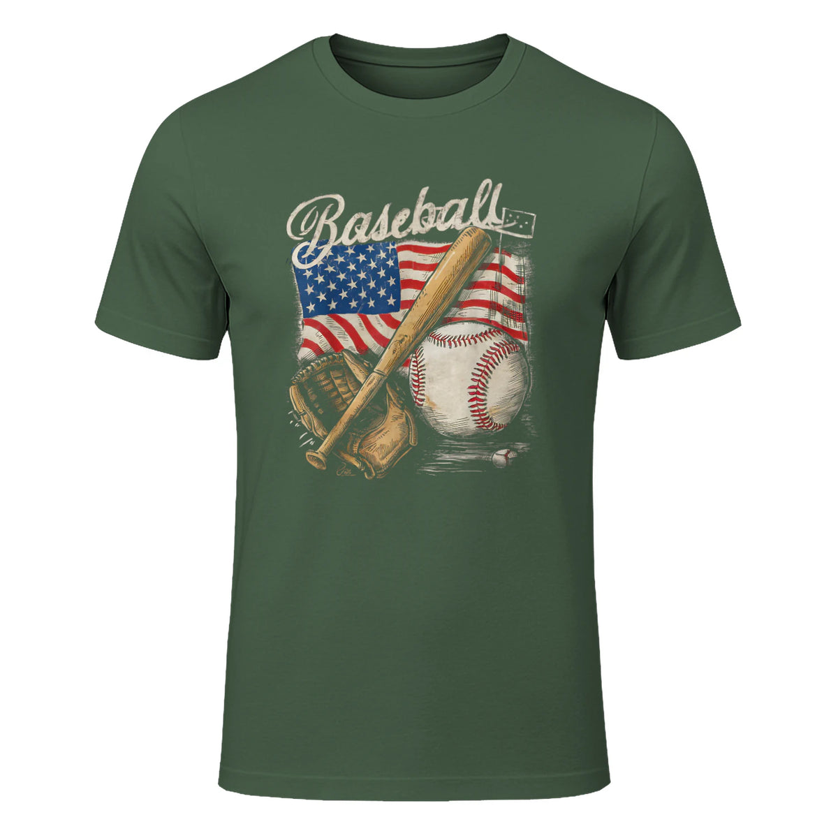 American Flag Baseball Player Bat Fan Catcher Pitcher USA T-Shirt in Military Green - front view