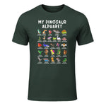 Types Of Dinosaurs Alphabet Dino Identification T-Shirt in Forest Green - front view