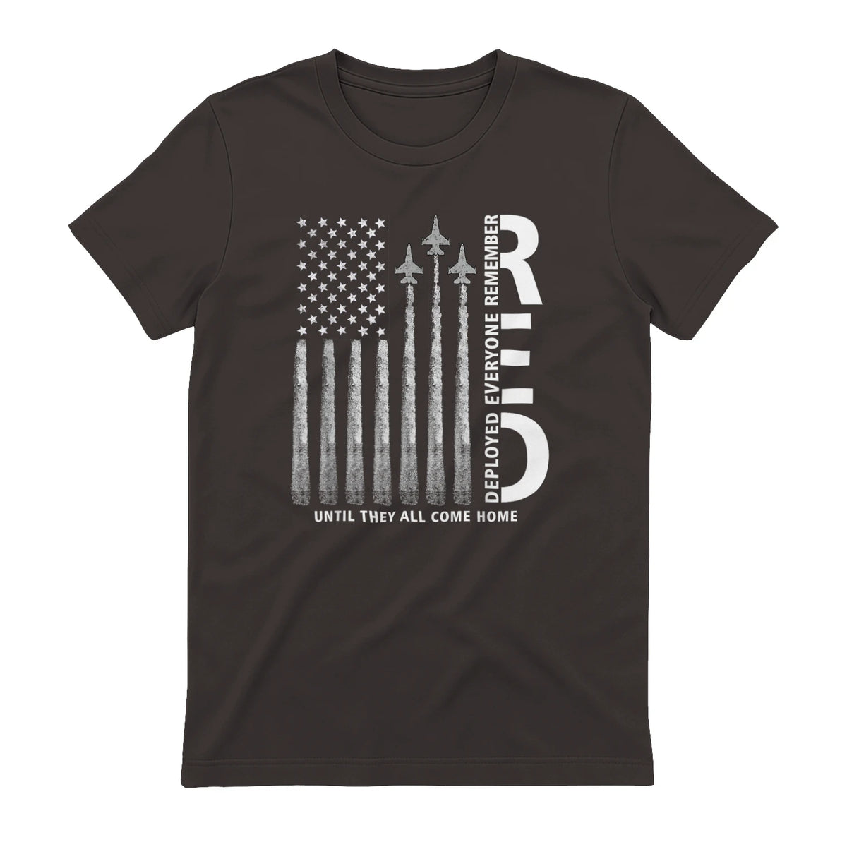 Remember Everyone Deployed RED Friday Military American Flag T-Shirt in Dark Chocolate - back view