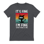 It's Fine I'm Fine Everything Is Fine Funny Black Cat T-Shirt in Charcoal - back view