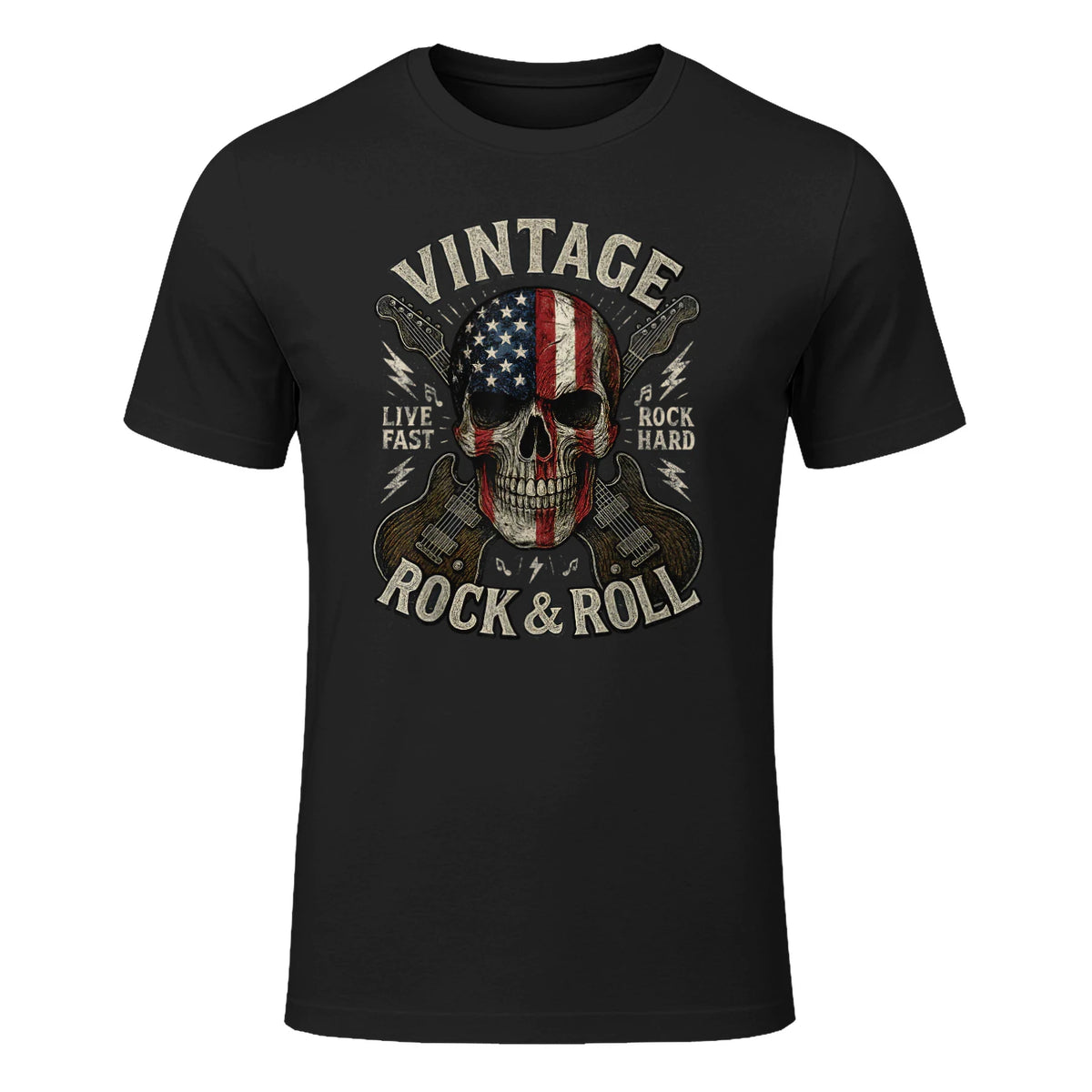 Vintage Rock Skull American Flag Guitar Retro Rock and Roll T-Shirt in Black - front view