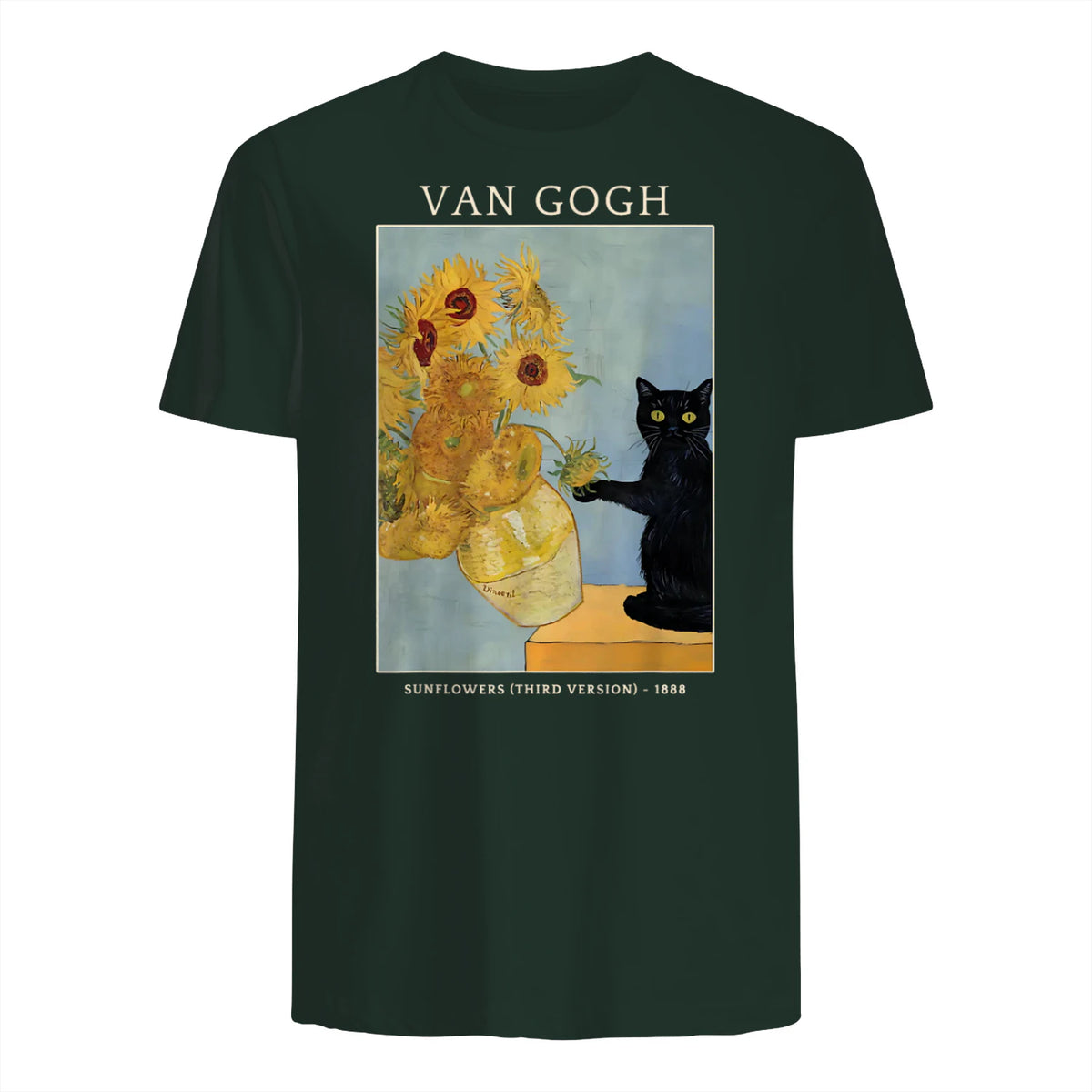 Funny Cat & Sunflowers Van Gogh Art Parody Vintage T-Shirt in Forest Green - back view