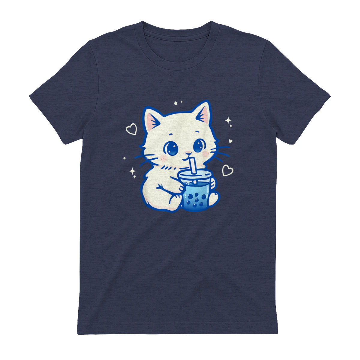 Kawaii Cat Boba Japanese Cute Aesthetic Anime Girls Teens T-Shirt in Heather Navy - back view