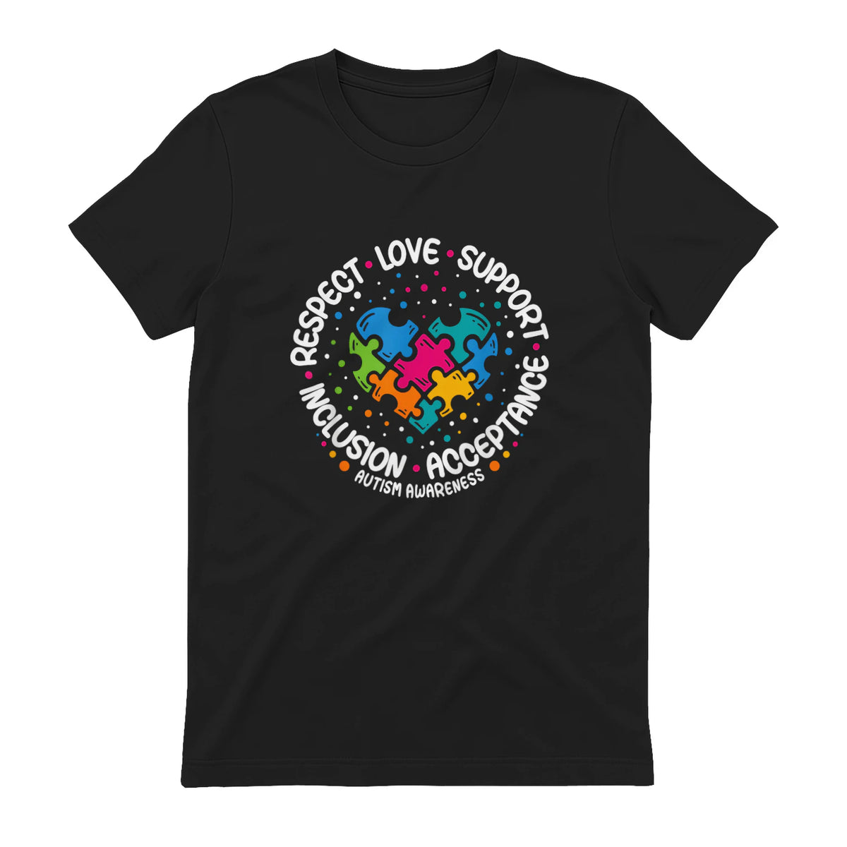 Respect Love Support Autism Awareness T-Shirt in Black - back view