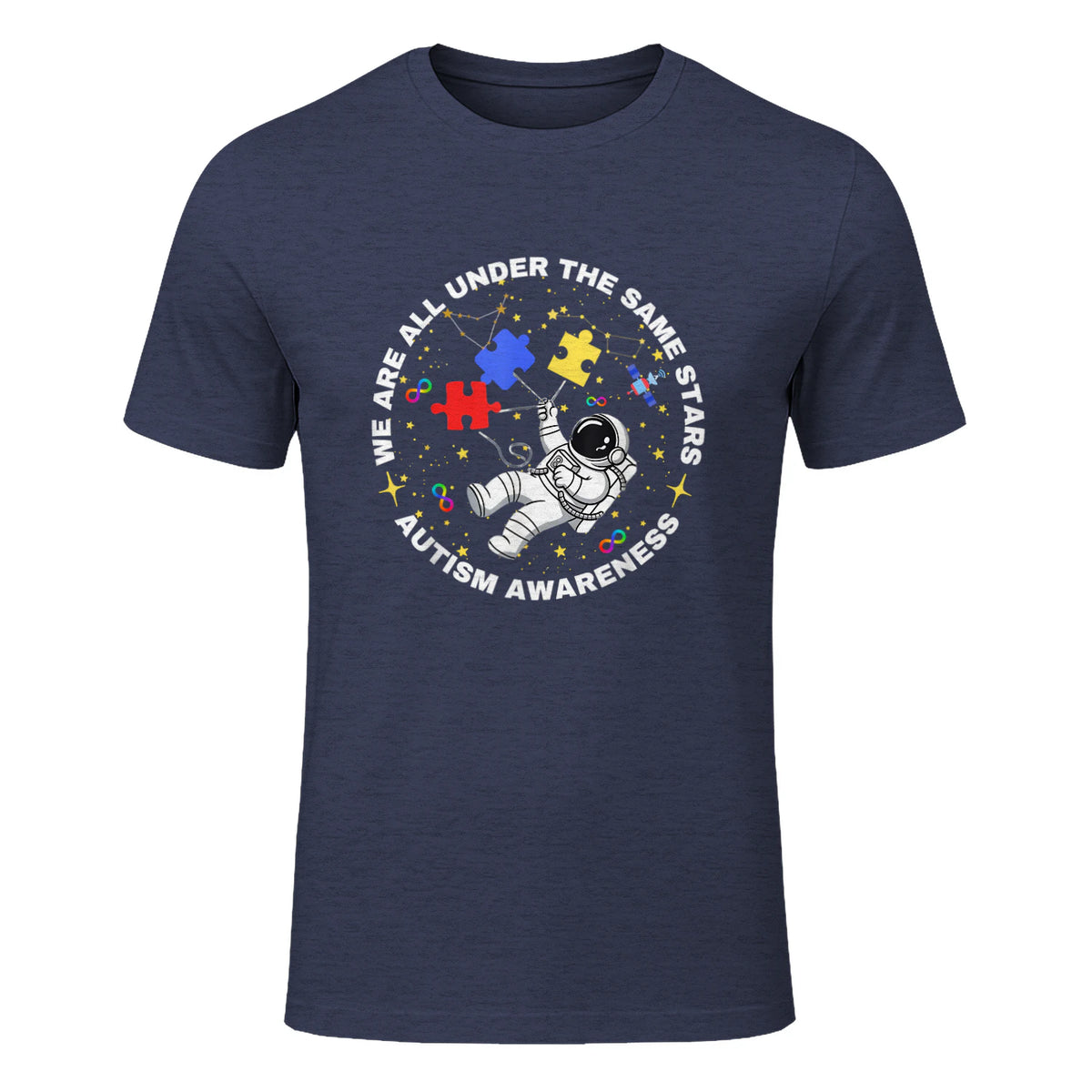 Autism We are All Under The Same Stars Space Astronaut in Heather Navy - front view