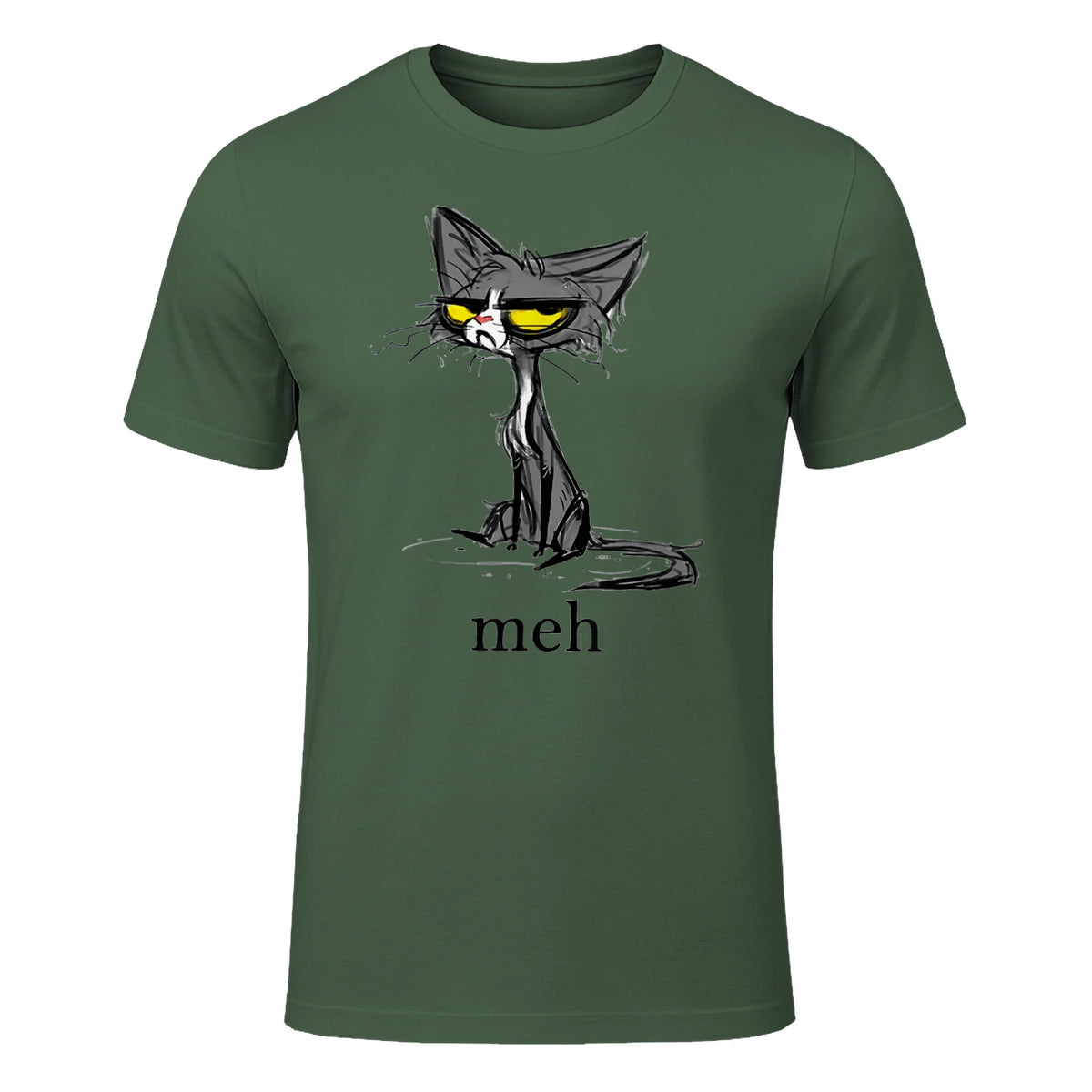 Funny Meh Cat Gift for Cat Lovers in Military Green - front view