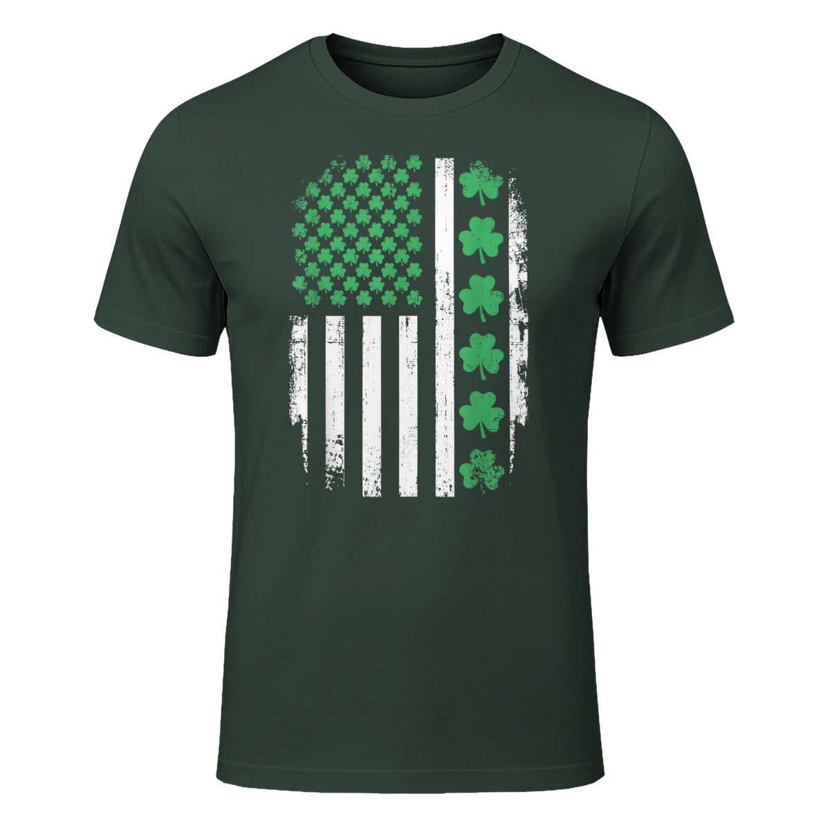 US American Flag with Shamrocks for St Patricks Day T-Shirt in Forest Green - front view
