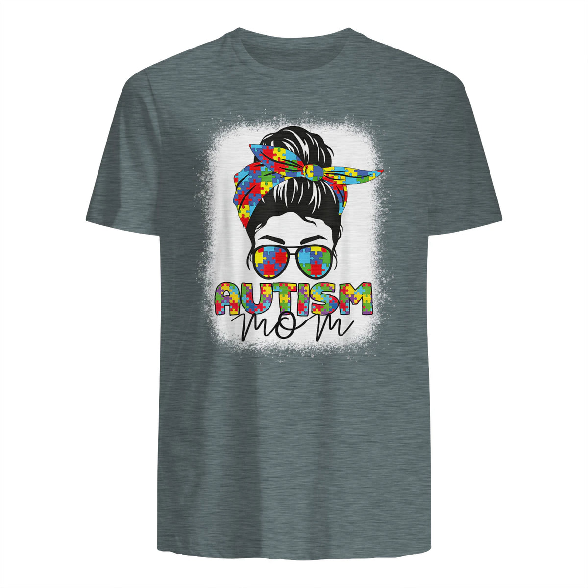Autism Mom Life Messy Bun T-Shirt in Dark Heather - back view