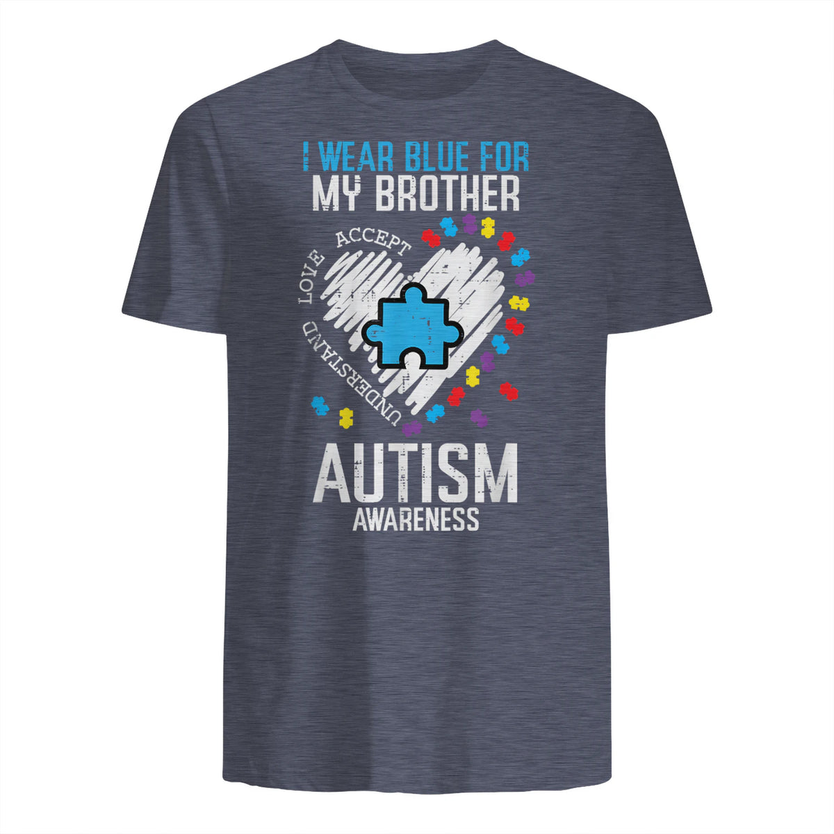 Blue for My Brother Autism Awareness Family Sister Sibling in Heather Navy - back view
