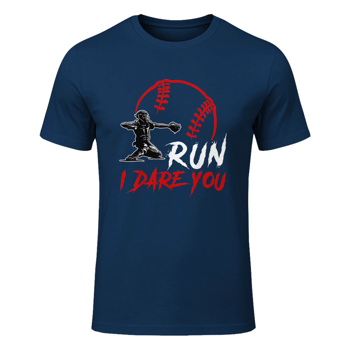 Run Steal I Dare You Humor Baseball Catcher Vintage T-Shirt in Navy - front view