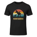 Daddy Dinosaur Daddysaurus Two Kids Funny Father's Day T-Shirt in Black - front view