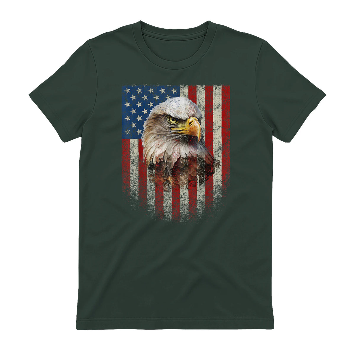 American Flag Bald Eagle Patriotic Red White Blue T-Shirt in Forest Green - back view