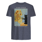 Funny Cat & Sunflowers Van Gogh Art Parody Vintage T-Shirt in Heather Navy - back view