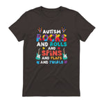 Autism Rocks Rolls Spins Flaps Awareness Boys Kids Women Men in Dark Chocolate - back view