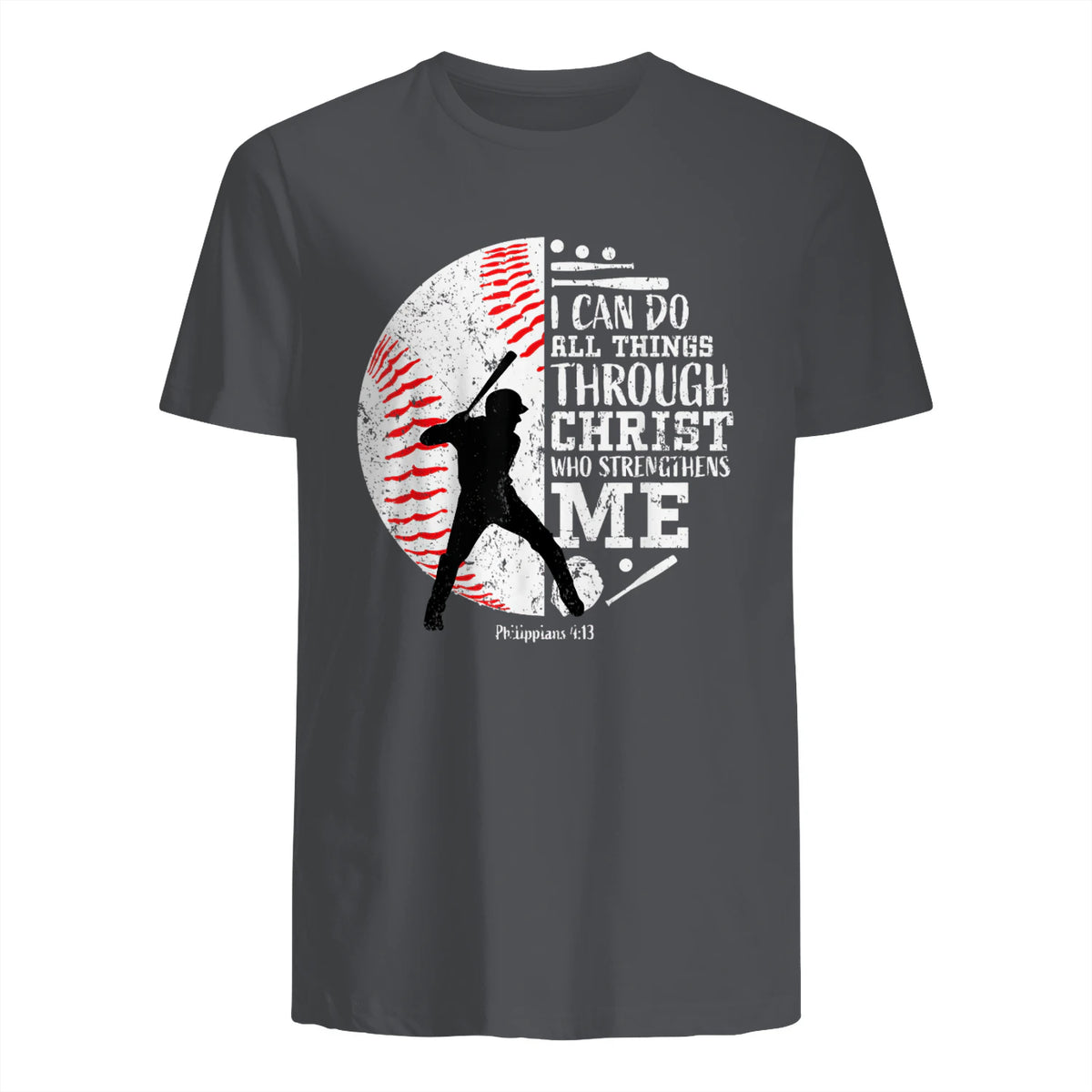 Philippians Four Thirteen Baseball Player Graphic with Bible Verse T-Shirt in Charcoal - back view