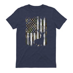 Camo US Flag Deer Elk Buck Camoflage Hunting Hunter Dad Gift Short Sleeve in Heather Navy - back view