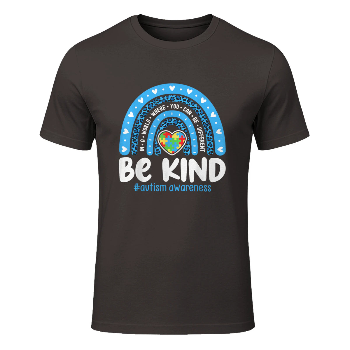 In April We Wear Blue Autism Ribbon T-Shirt in Dark Chocolate - front view