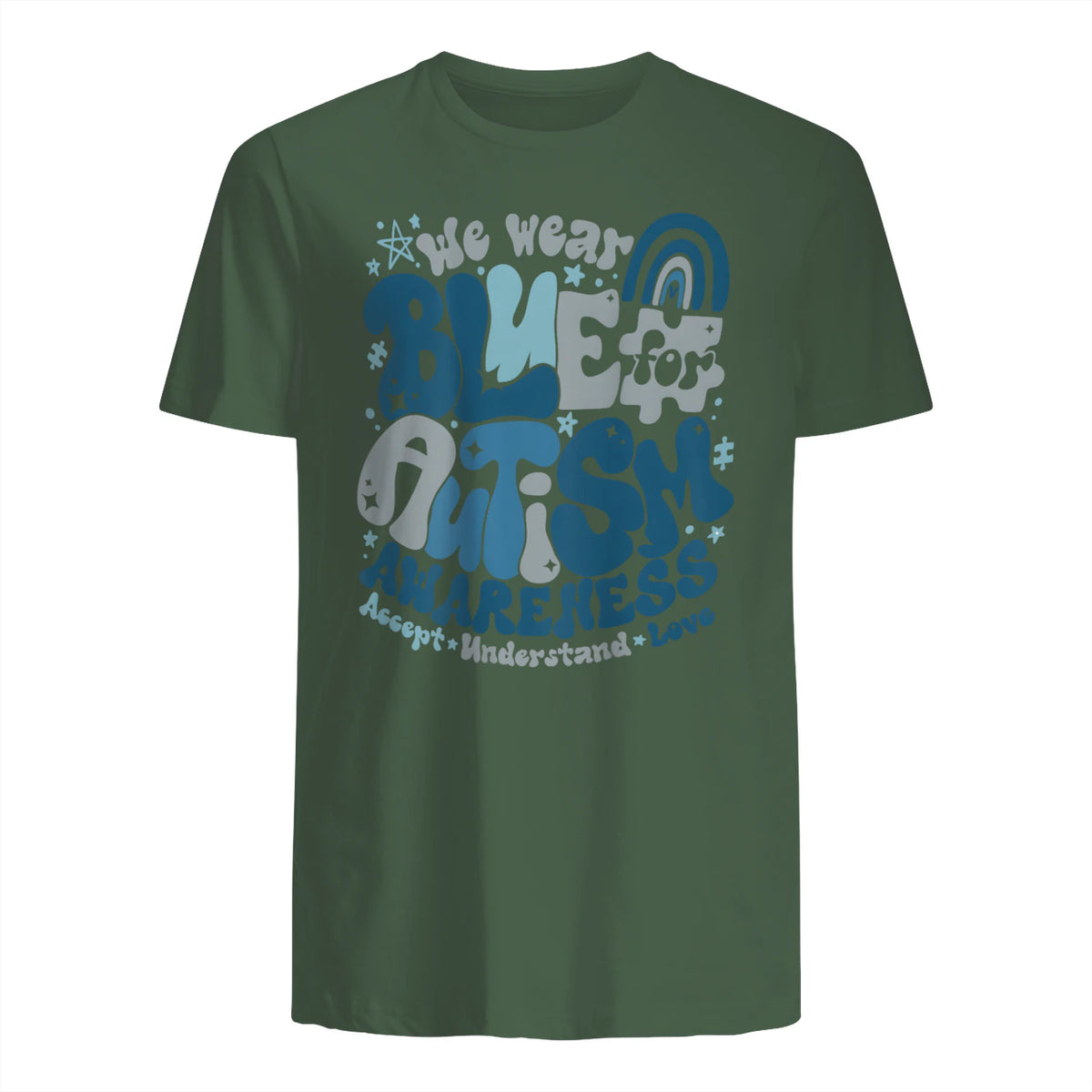 In April We Wear Blue Autism Awareness T-Shirt in Military Green - back view