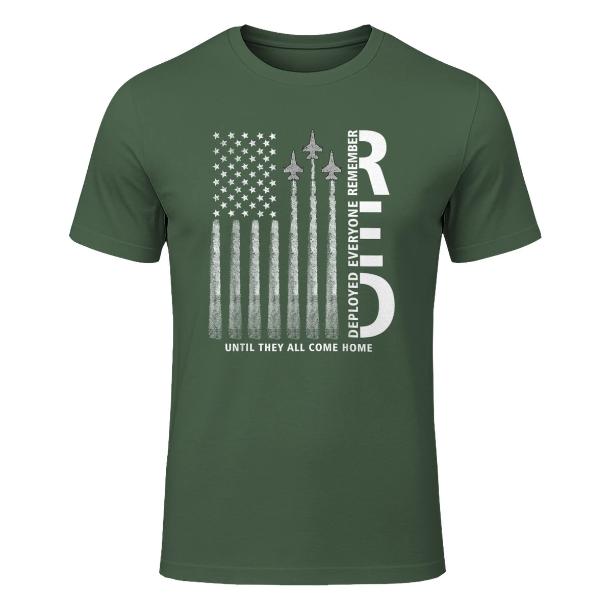 Remember Everyone Deployed RED Friday Military American Flag T-Shirt in Military Green - front view