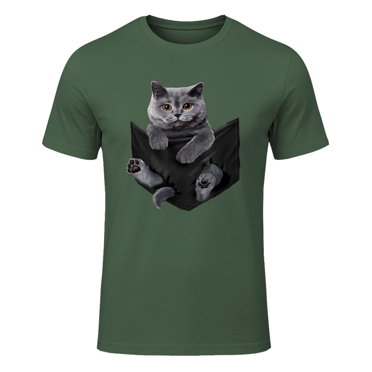 Cat Lovers British Shorthair In Pocket Fun Kitten in Military Green - front view