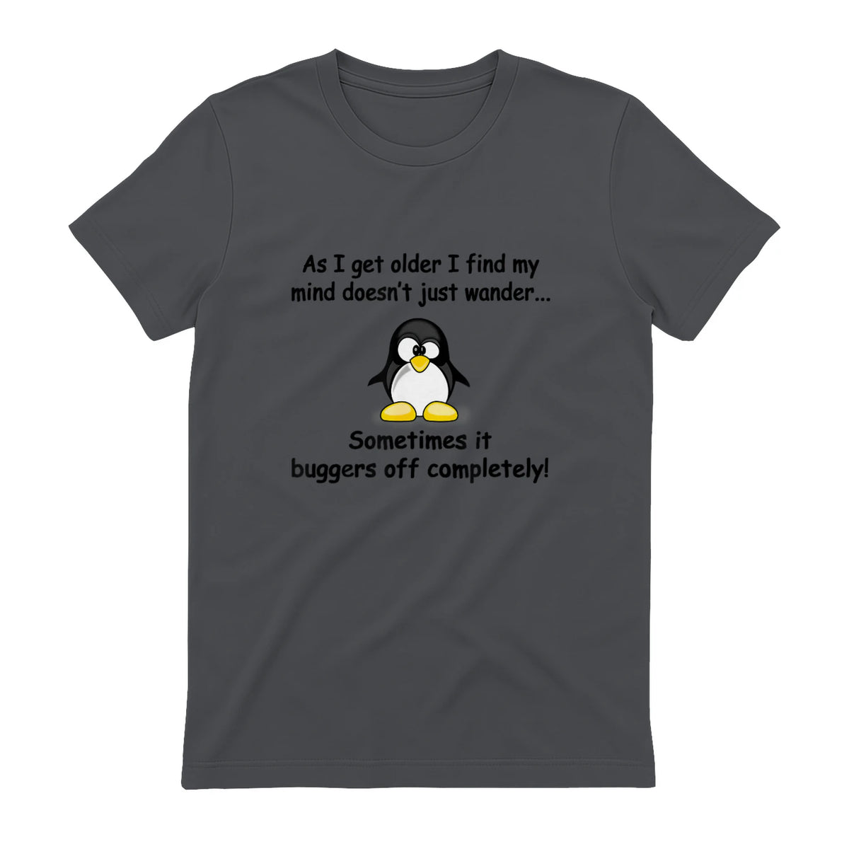 Funny silly penguin t-shirt mens ladies retirement gift in Charcoal - back view