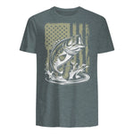 Fishing Camo Bass Fish American Flag Men's Fisherman Gift T-Shirt in Dark Heather - back view