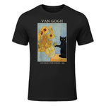 Funny Cat & Sunflowers Van Gogh Art Parody Vintage T-Shirt in Black - front view