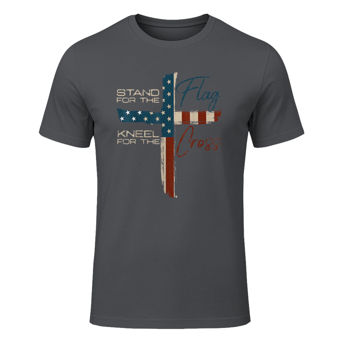 USA Flag Religious Quote Fourth of July Christian Faith T-Shirt in Charcoal - front view