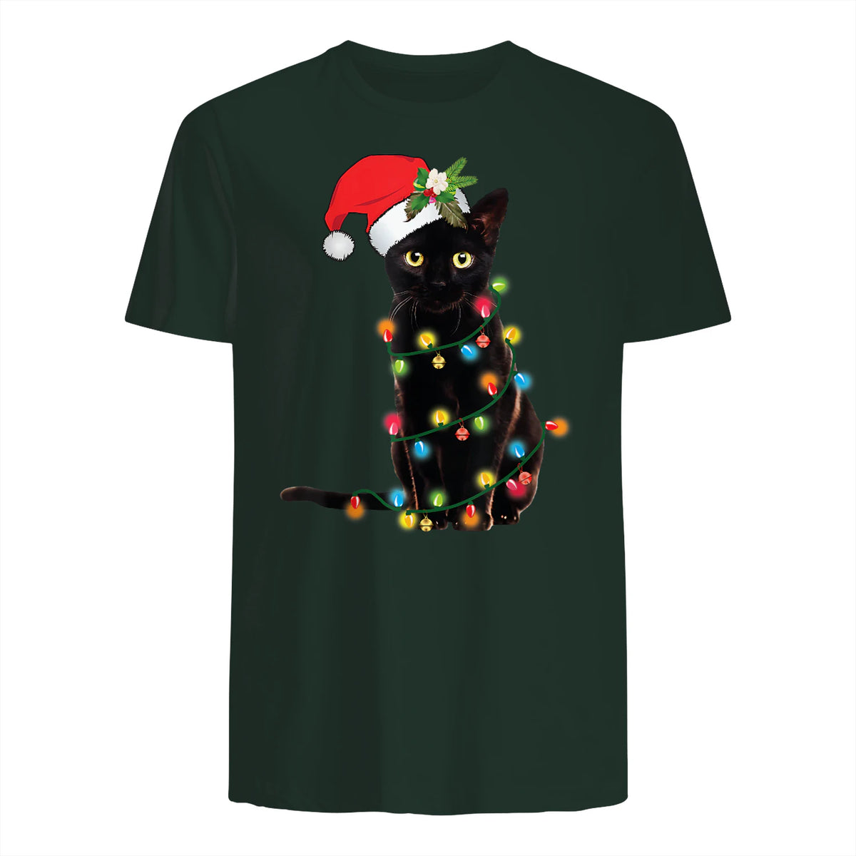 Santa Black Cat Tangled Up In Christmas Tree Lights Holiday in Forest Green - back view