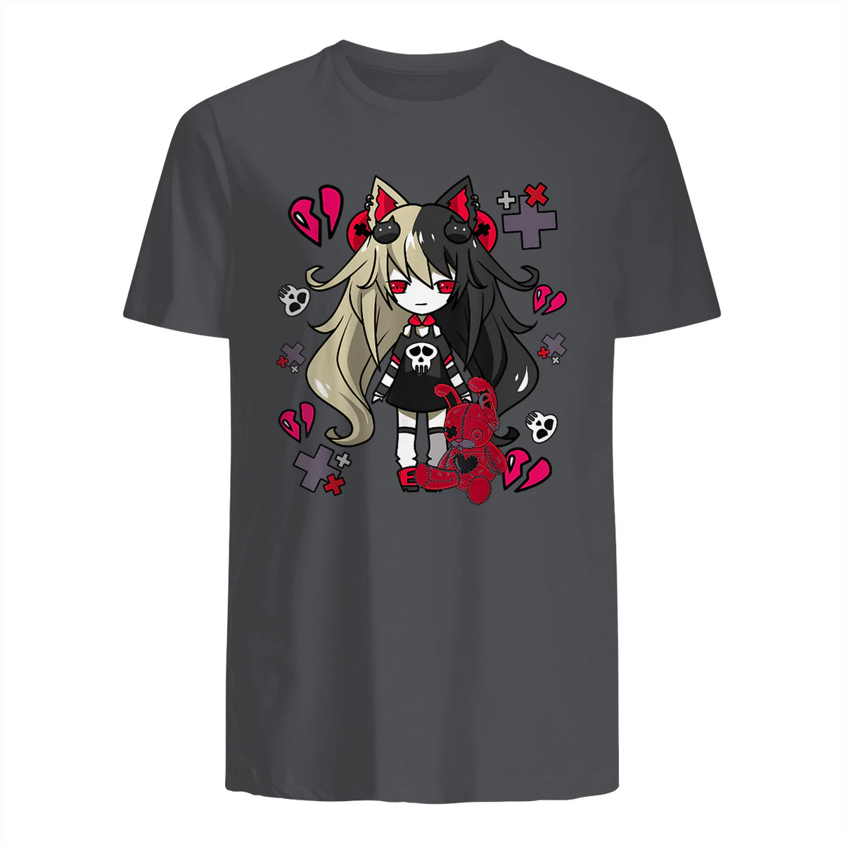 Chibi Kawaii Emo Pastel Goth Girl with Sad Bunny in Charcoal - back view