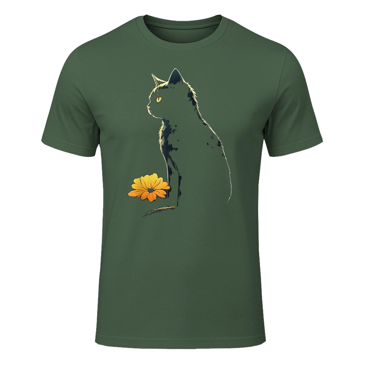Cat Artwork - Flowers Art Cat Motif Animal Cat T-Shirt in Military Green - front view
